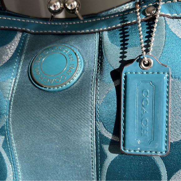 Coach Signature Blue and Silver Print Satchel - Picture 4 of 14